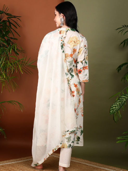 White Floral Printed Kurta Set with Dupatta for Women – Elegant Ethnic Wear