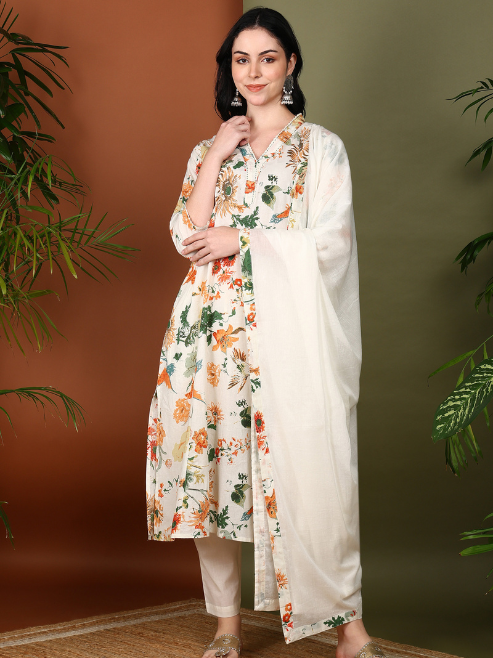 White Floral Printed Kurta Set with Dupatta for Women – Elegant Ethnic Wear