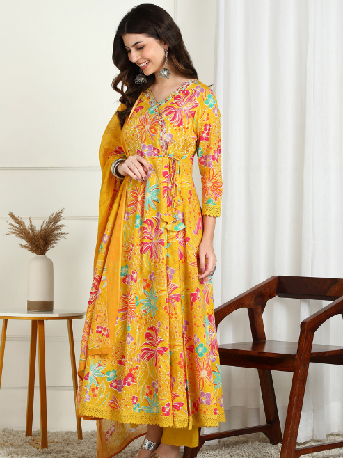 Fashion Plus Store Women’s Cotton Printed Anarkali Kurta with Dupatta and Pant Embroidered Neckline & 3/4 Sleeves (Yellow)