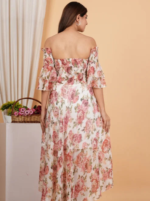 Fashion Plus Store WOMEN'S Floral Chiffon Maxi DRESS Off Shoulder Neck with Smocked Summer Dress (Multi)