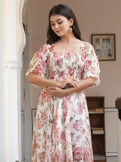 Fashion Plus Store WOMEN'S Floral Chiffon Maxi DRESS Off Shoulder Neck with Smocked Summer Dress (Multi)