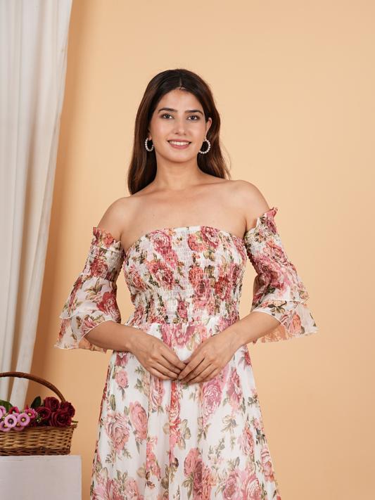 Fashion Plus Store WOMEN'S Floral Chiffon Maxi DRESS Off Shoulder Neck with Smocked Summer Dress (Multi)