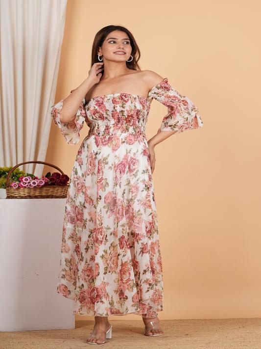 Fashion Plus Store WOMEN'S Floral Chiffon Maxi DRESS Off Shoulder Neck with Smocked Summer Dress (Multi)