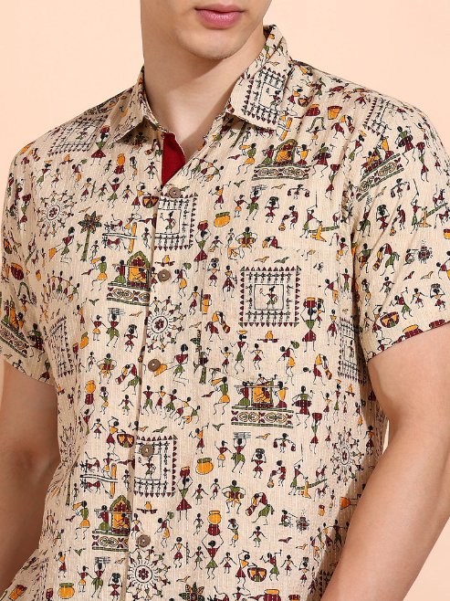 Fashion Plus Store Men's Cotton Warli Print Regular Shirt (Offwhite )