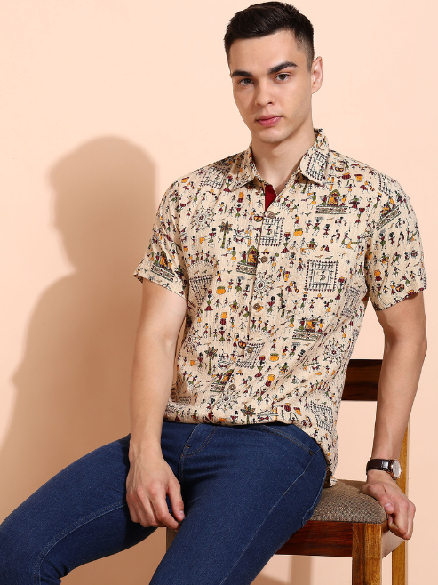 Fashion Plus Store Men's Cotton Warli Print Regular Shirt (Offwhite )