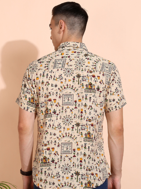 Fashion Plus Store Men's Cotton Warli Print Regular Shirt (Offwhite )
