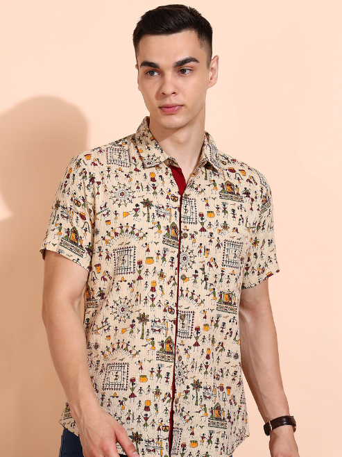 Fashion Plus Store Men's Cotton Warli Print Regular Shirt (Offwhite )