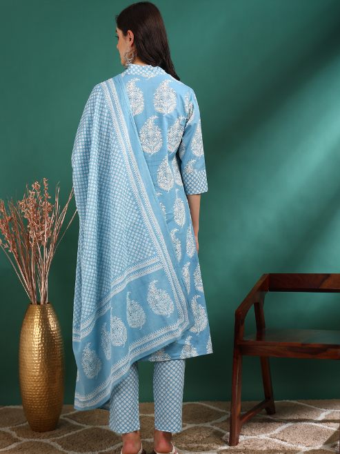 Fashion Plus Store Women's Cotton Buta Print Calf Length V- Neck 3/4TH Sleeve A-Line Kurta Paired With Elastic Bottom And Duptta (BLUE)
