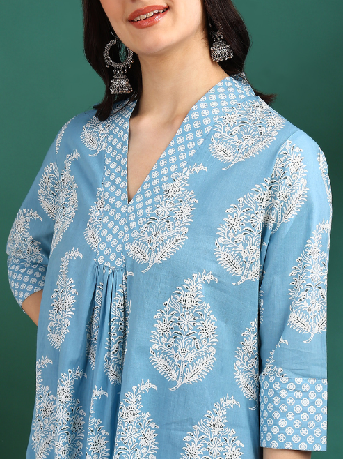 Fashion Plus Store Women's Cotton Buta Print Calf Length V- Neck 3/4TH Sleeve A-Line Kurta Paired With Elastic Bottom And Duptta (BLUE)