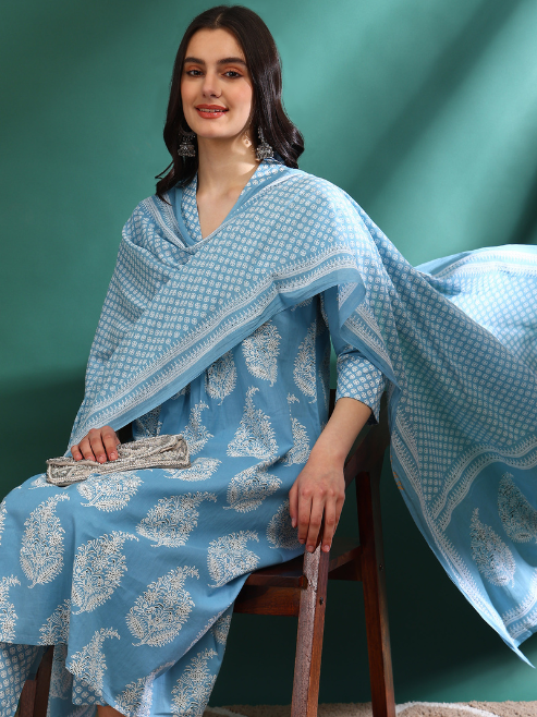 Fashion Plus Store Women's Cotton Buta Print Calf Length V- Neck 3/4TH Sleeve A-Line Kurta Paired With Elastic Bottom And Duptta (BLUE)