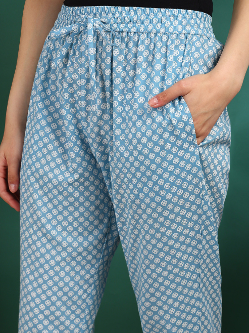 Fashion Plus Store Women's Cotton Buta Print Calf Length V- Neck 3/4TH Sleeve A-Line Kurta Paired With Elastic Bottom And Duptta (BLUE)