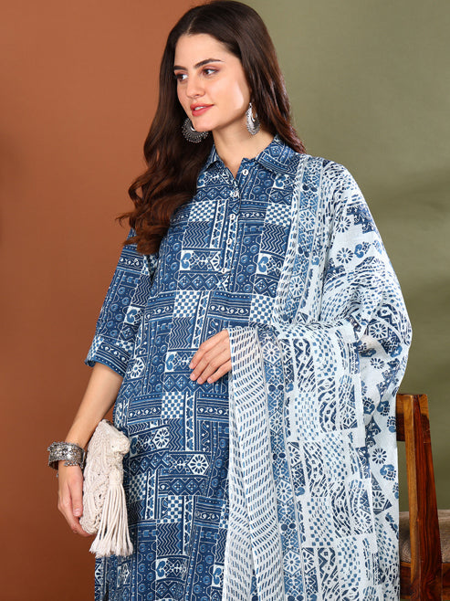 Fashion Plus Store Women's Cotton Geometrical Print Calf Length Shirt Collar 3/4th Sleeve Straight Kurta With Pant And Duptta (Blue)