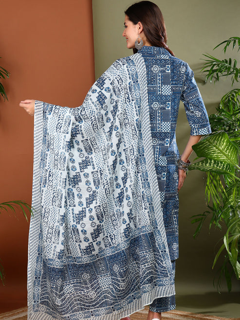Fashion Plus Store Women's Cotton Geometrical Print Calf Length Shirt Collar 3/4th Sleeve Straight Kurta With Pant And Duptta (Blue)