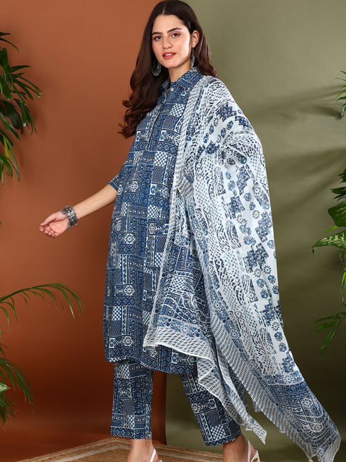Fashion Plus Store Women's Cotton Geometrical Print Calf Length Shirt Collar 3/4th Sleeve Straight Kurta With Pant And Duptta (Blue)