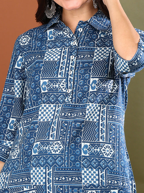 Fashion Plus Store Women's Cotton Geometrical Print Calf Length Shirt Collar 3/4th Sleeve Straight Kurta With Pant And Duptta (Blue)