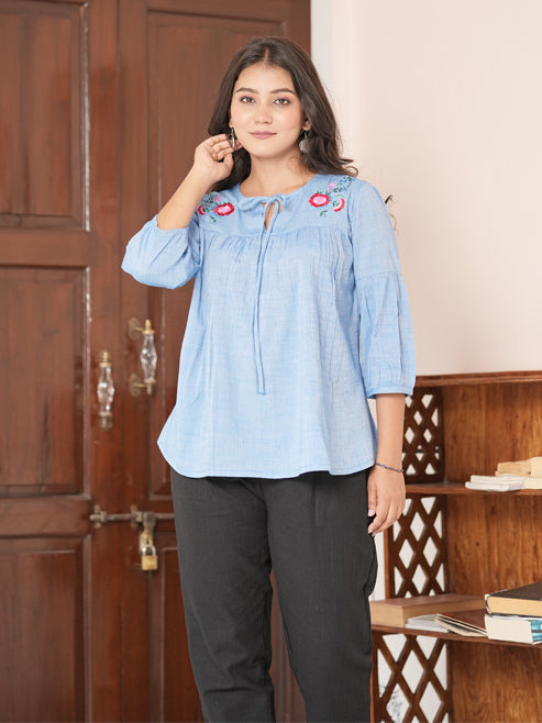 Fashion Plus Store Women's Tow Tone Cotton Top With Key Hole Embroidery Detailing Neck Design And Three Fourth Gathered Sleeves