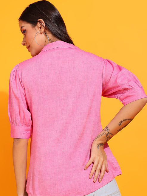 Fashion Plus Store Women's Cotton Titan Solid Coat Collar Top (Pink)