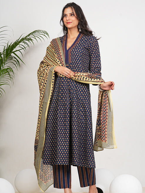 Fashion Plus Store Women's Printed Cotton Calf Length V-Neck 3/4th Sleeve Straight Kurta Pant And Duptta (Navy)