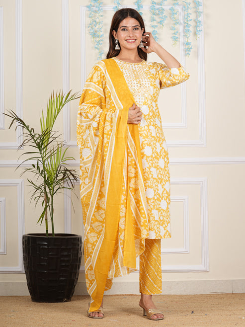 Fashion Plus Store Women's Cotton cambric Knee Length 3/4th Sleeve Round Neck Floral Printed Embroidered Yellow Kurta with Printed Pant & Dupatta