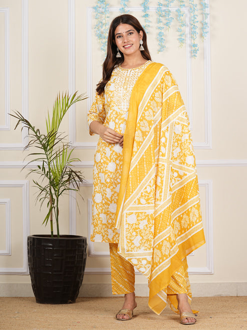 Fashion Plus Store Women's Cotton cambric Knee Length 3/4th Sleeve Round Neck Floral Printed Embroidered Yellow Kurta with Printed Pant & Dupatta