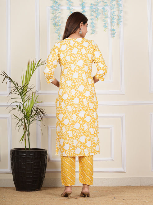 Fashion Plus Store Women's Cotton cambric Knee Length 3/4th Sleeve Round Neck Floral Printed Embroidered Yellow Kurta with Printed Pant & Dupatta