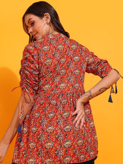 Fashion Plus Store Women's Cotton Floral Print Waist Length Drawstring Sleeve Mandarin Collar Short Kurti (Orange)