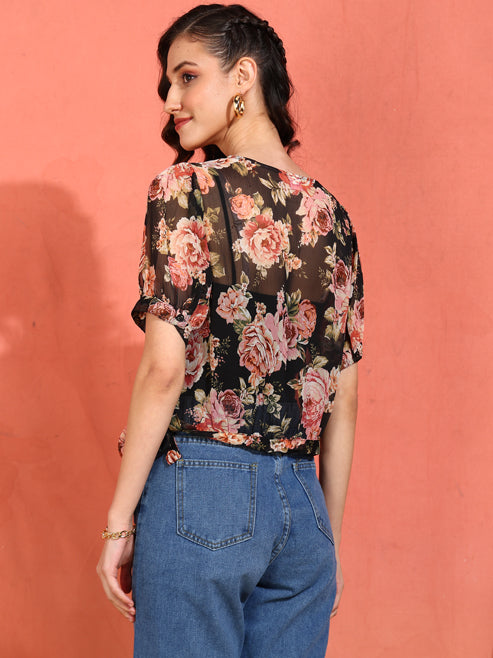 Fashion Plus Store Women's Chiffon Floral Print Round Neck Puff Sleece Top