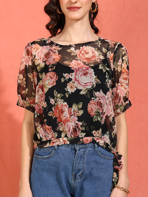 Fashion Plus Store Women's Chiffon Floral Print Round Neck Puff Sleece Top