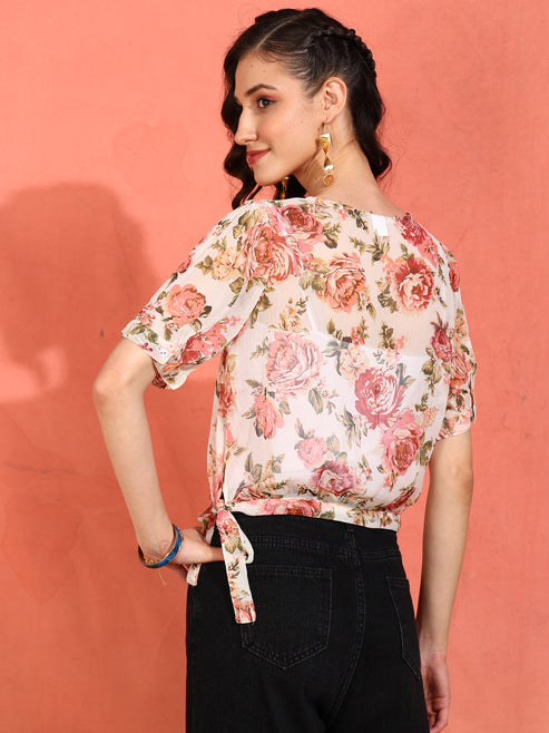 Fashion Plus Store Women's Chiffon Floral Print Round Neck Puff Sleece Top