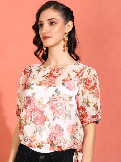 Fashion Plus Store Women's Chiffon Floral Print Round Neck Puff Sleece Top