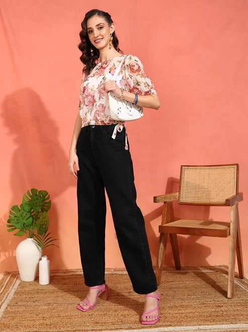 Fashion Plus Store Women's Chiffon Floral Print Round Neck Puff Sleece Top