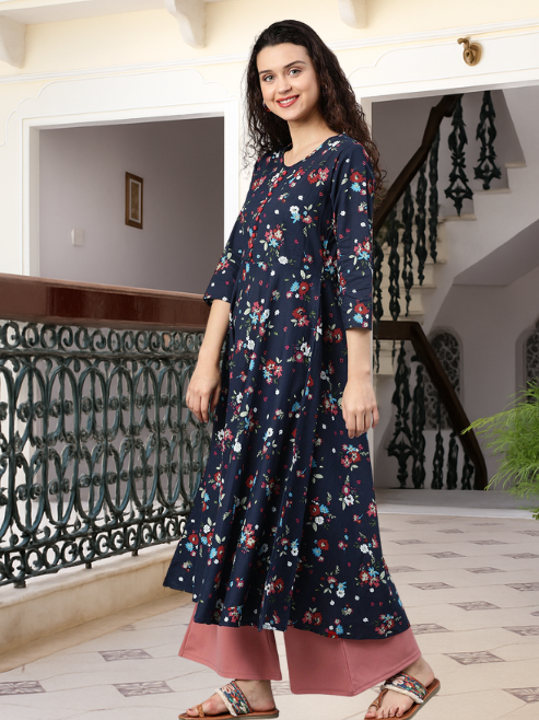 Festive & Party Floral Print Kurti (Blue)