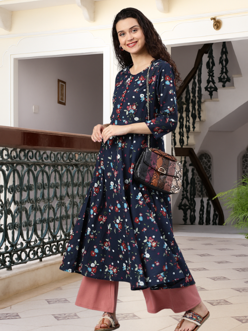Festive & Party Floral Print Kurti (Blue)
