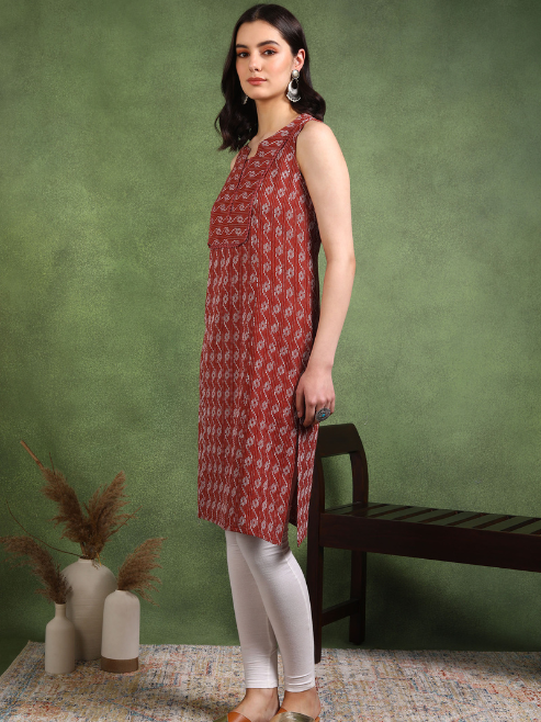 Fashion Plus Store Women's Cotton Crambric Knee Length Geometrical Print Sleeveless Notch Neck Regular Fitted Short Kurti