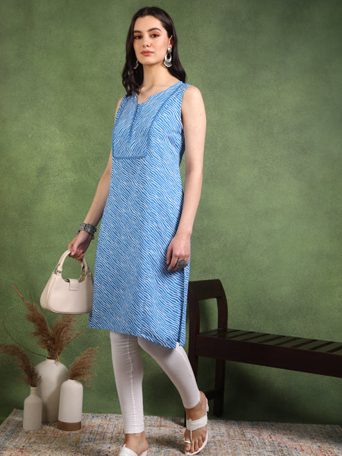 Fashion Plus Store Women's Rayon Knee Length Lehariyal Print Sleeveless Notch Neck Regular Fitted Short Kurti