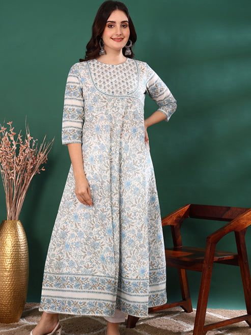 Fashion Plus Store Women's Cotton Floral Print 3/4th Sleeve Round Neck Regular Fitted Sequence Work White A-line Kurta with Dupatta