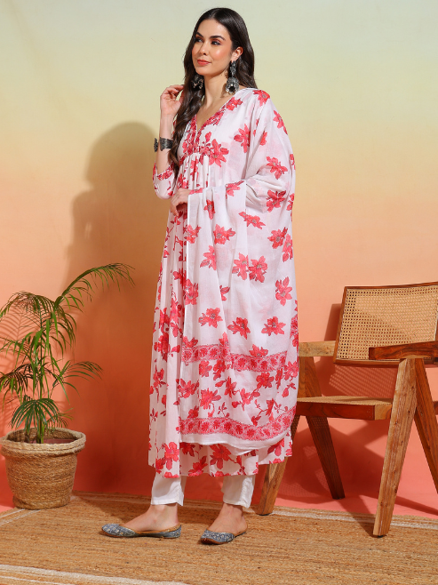 Cotton Floral Printed 3/4th Sleeve V-neck Embroidered Work Anarkali Kurta With Dupatta