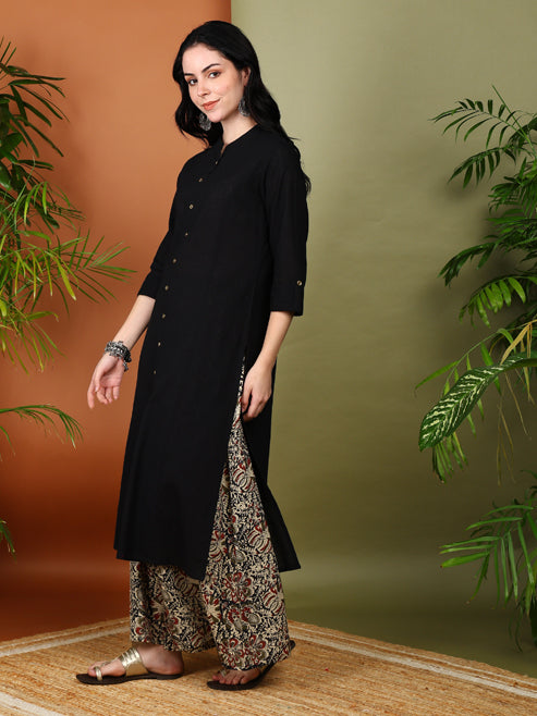Fashion Plus Store Women's Cotton Slub Calf Length 3/4th Sleeve Straight Kurta with Kalamkari Printed Palazzo