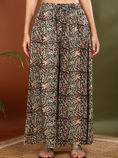 Fashion Plus Store Women's Cotton Slub Calf Length 3/4th Sleeve Straight Kurta with Kalamkari Printed Palazzo