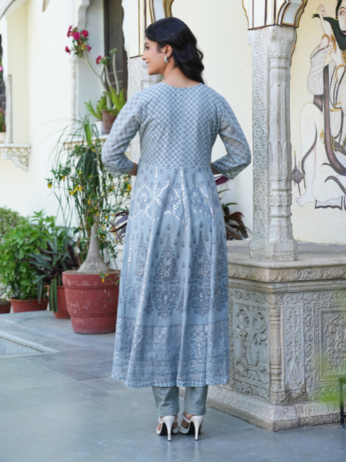Fashion Plus Store Women's Polyester Calf Length 3/4th Sleeve Notch Neck Geometric Printed Anarkali Kurta with Dupatta