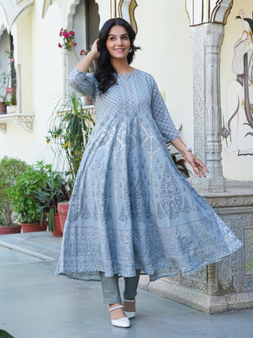 Fashion Plus Store Women's Polyester Calf Length 3/4th Sleeve Notch Neck Geometric Printed Anarkali Kurta with Dupatta
