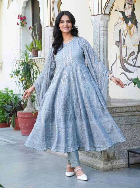 Fashion Plus Store Women's Polyester Calf Length 3/4th Sleeve Notch Neck Geometric Printed Anarkali Kurta with Dupatta