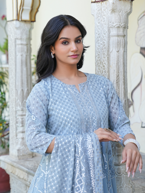 Fashion Plus Store Women's Polyester Calf Length 3/4th Sleeve Notch Neck Geometric Printed Anarkali Kurta with Dupatta