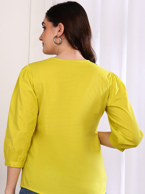 Fashion Plus Store Women's Cotton Embroidered 3/4 Sleeve Keyhole Neck Casual Straight Tops