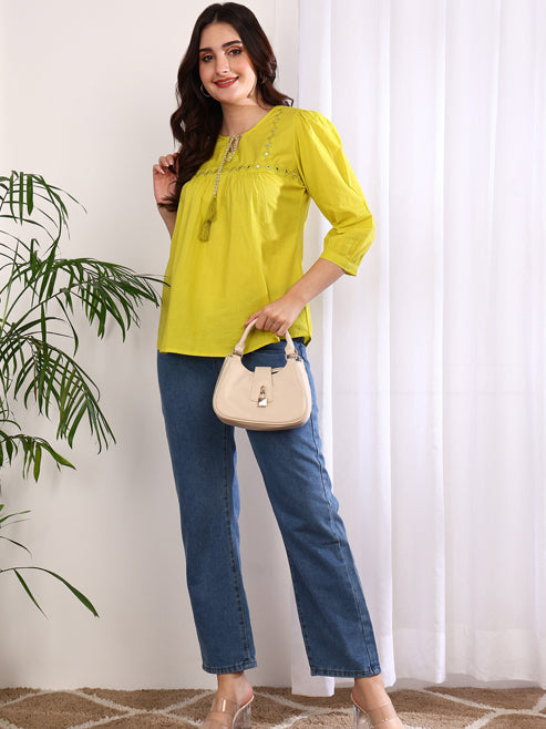 Fashion Plus Store Women's Cotton Embroidered 3/4 Sleeve Keyhole Neck Casual Straight Tops