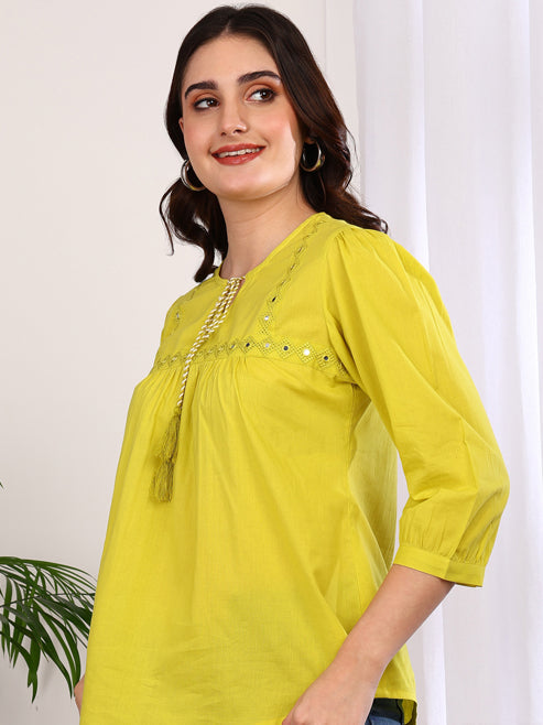 Fashion Plus Store Women's Cotton Embroidered 3/4 Sleeve Keyhole Neck Casual Straight Tops