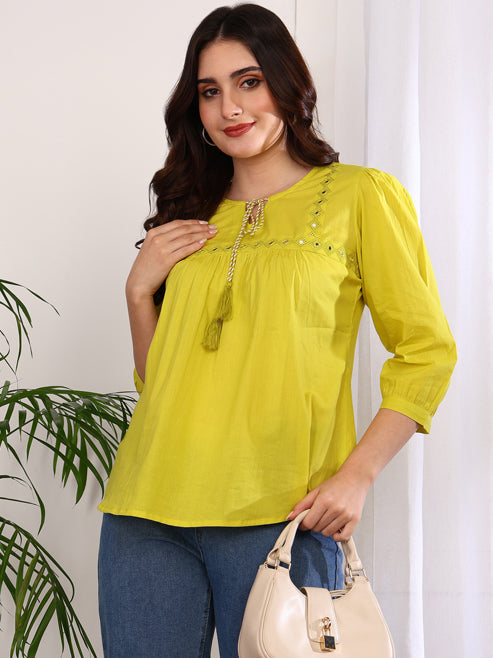 Fashion Plus Store Women's Cotton Embroidered 3/4 Sleeve Keyhole Neck Casual Straight Tops