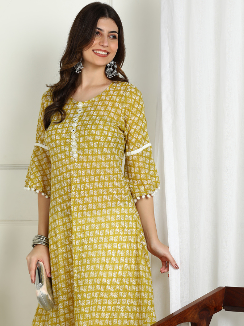 Cambric Cotton Printed Mirror Work A-Line Kurta