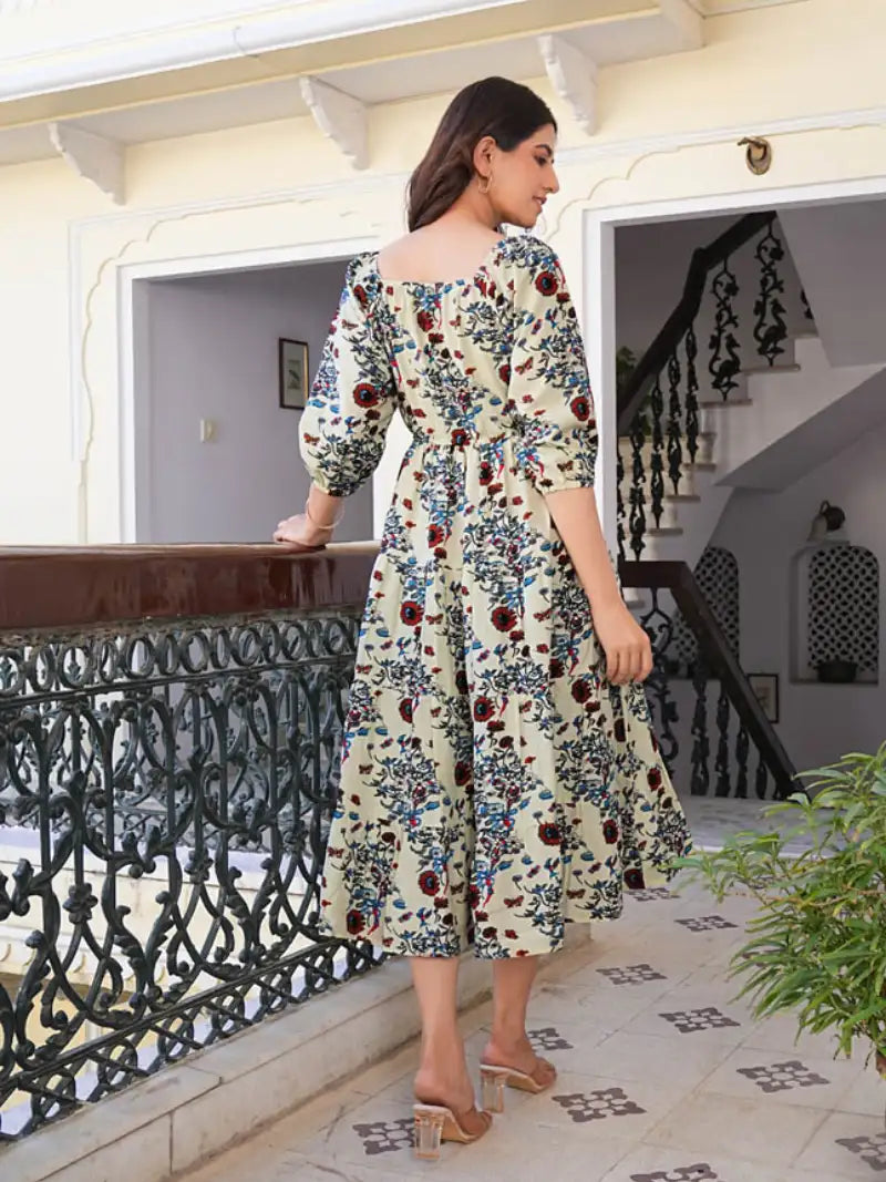 Rayon Floral Printed Square Neck 3/4th Sleeve Tiered Style Casual Maxi Dress