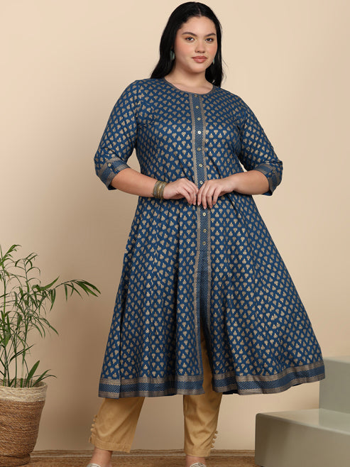 Fashion Plus Store Women's Rayon Golden Floral Printed A-line Kurta